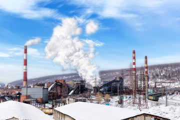 Metallurgical plant. Environmental problem of environmental pollution. Emission of smoke Blast...