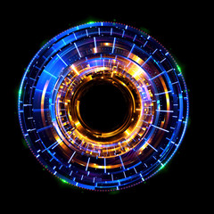 Orb neon rays. luminous hole. Spiral cover. 
Black neural HUD. Halo around. Power isolated. Sparks particle.
Space tunnel. Glossy face. LED color ellipse. Glint gold glitter. Glow clock