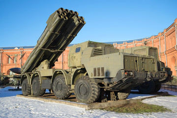 Fighting vehicle reactive volley-fire systems Smerch, closeup of a Sunny January day. Saint-Petersburg