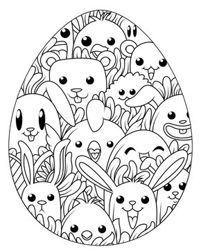 Hand drawn easter eggs for coloring book for adult and cute cartoon elements