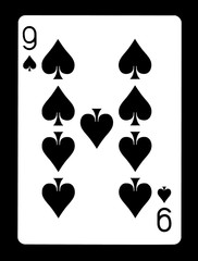 Nine of spades playing card, isolated on black background.