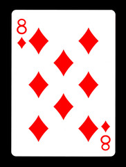 Eight of diamonds playing card, isolated on black background.