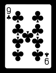 Fototapeta na wymiar Nine of Clubs playing card, isolated on black background.