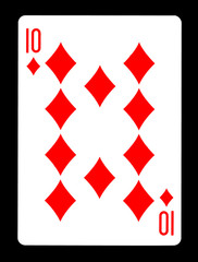 Ten of Diamonds playing card, isolated on black background.