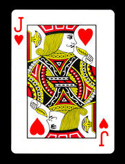 Jack of hearts playing card, isolated on black background.