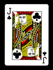 Jack of clubs playing card, isolated on black background.