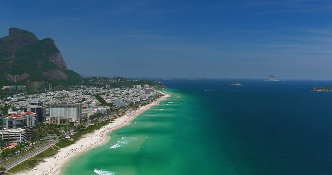 Aerial view of  white sandy Barra da Tijuca Beach and turquoise ocean , Rio de Janeiro, Brazil