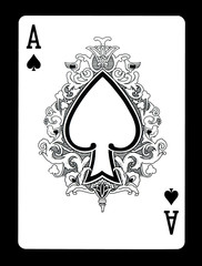 Ace of spades playing card, isolated on black background.