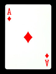Ace of diamonds playing card, isolated on black background.