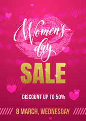 Women Day sale poster on gold glitter lips pattern background