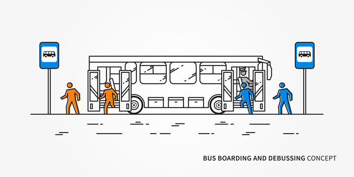 Bus Boarding And Debussing Vector Illustration. Public Transport With Driver And People (passengers), Who Come In And Come Out Bus.