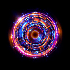 Orb neon rays. luminous hole. Spiral cover. 
Black neural HUD. Halo around. Power isolated. Sparks particle.
Space tunnel. Glossy face. LED color ellipse. Glint gold glitter. Glow clock