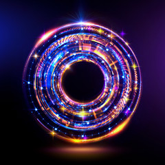 Orb neon rays. luminous hole. Spiral cover. 
Black neural HUD. Halo around. Power isolated. Sparks particle.
Space tunnel. Glossy face. LED color ellipse. Glint gold glitter. Glow clock