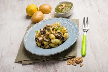 gnocchi with pesto sauce and octopus