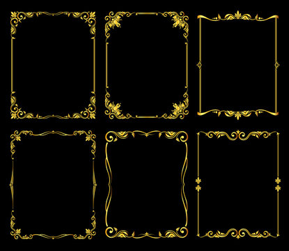 Ornate golden vector frames set over black background