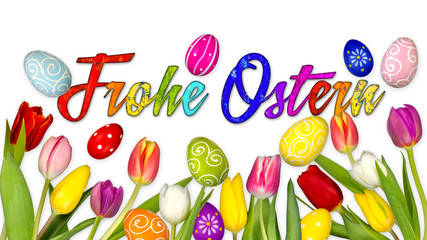 easter isolated white background with eggs tulips and nest / Ostern tulpen ostereier hintergrund isoliert auf weiß