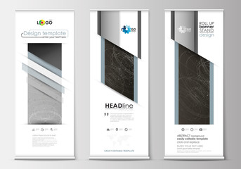 Set of roll up banner stands, flat design templates, business concept, corporate vertical flyers. Abstract 3D construction and polygonal molecules on gray background, scientific technology vector.