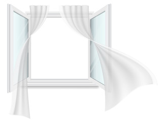 Open window and fluttering curtains. Vector detailed illustration. Isolated on white background.