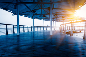 Roofed wooden terrace of modern building in Shanghai.