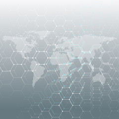 White dotted world map, connecting lines and dots on gray color background. Chemistry pattern, hexagonal molecule structure, medical research. Medicine, technology concept. Abstract design vector.