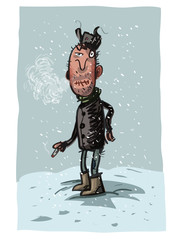 Old man  smokes. Winter. Vector illustration