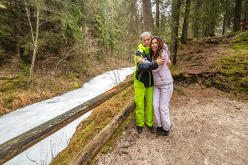 happy couple on vacation flirting in Dolomites mountains