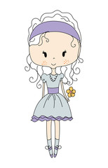 Illustration of a Cute Little Doll Girl with Flower. Design Dress