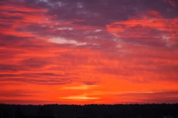 Poster Beautiful fiery orange sky during sunset or sunrise. © es0lex
