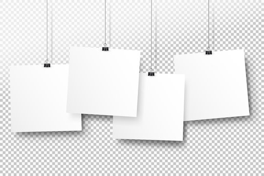 Posters on binder clips. White notepad paper templates. Realistic vector illustration. Empty mockup frames for your drawings, quotes or lettering. Transparent background