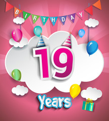 19 years birthday Celebration Design, with clouds and balloons, confetti. using Paper Art Design Style, Vector template elements for your birthday celebration party.
