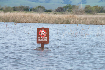 Parking lot sign submerged in flood waters after recent torrential rain fall. Flooded.
