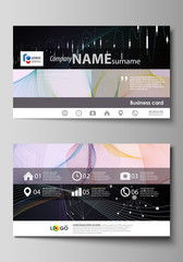 Business card templates. Easy editable vector layout. Colorful abstract design infographic background in minimalist style made from lines, symbols, charts, diagrams and other elements.