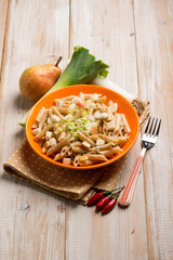 pasta with leek pear and hot chili pepper