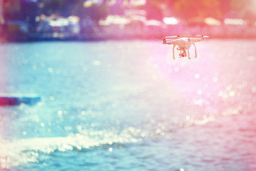 drone.  proffesional photo and video reportage. instagram filter. creative image. drone ovev the water. retro style. instagram toning effect