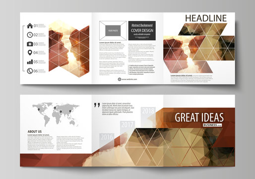 Set of business templates for tri fold square design brochures. Leaflet cover, abstract vector layout. Romantic couple kissing. Beautiful background. Geometrical pattern in triangular style.