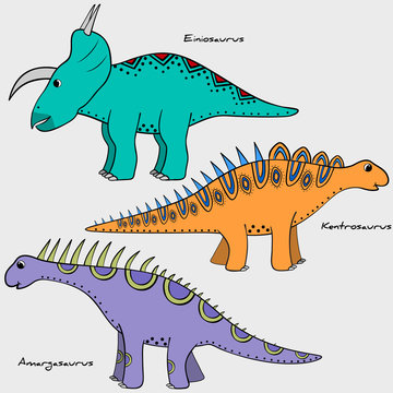 set of stylized dinosaur, ethnic paintings