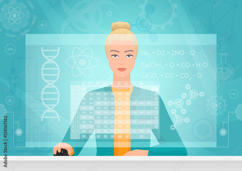 Poster Chemist genetics biology woman working using virtual media interface workspace. Chemist bioengineer working with formula table virtual on the virtual screen.