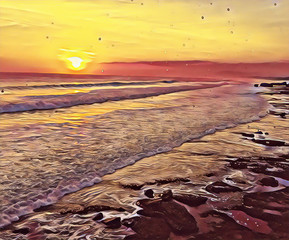 Sunset by seaside digital illustration. Sea and sand beach in orange sunset light.