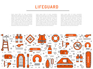 Lifeguard flat outline icons set with with equipment and rescue equipment for the rescue of drowning. Water rescue symbols isolated vector illustration