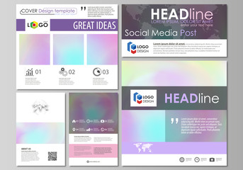 Social media posts set. Abstract design business templates, vector layouts in popular formats. Hologram, background in pastel colors, holographic effect. Blurred colorful pattern, futuristic texture.