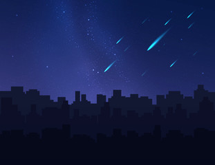 Shooting stars, meteors and comets in night sky above city buildings. Vector illustration.