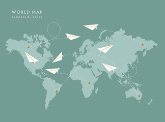 Vector paper airplanes trajectories on world map. Vector Illustration. 