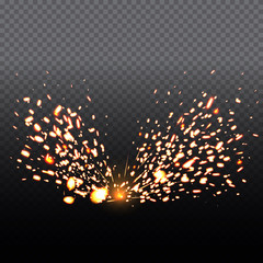 Fire sparks of metal welding isolated on transparent background. During iron cutting. Vector illustration.