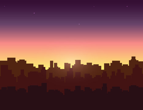 Evening Sky Over City Buildings. Vector Illustration.