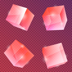 Set of transparent glass, crystal or ice cubes in different angles on transparent background. Realistic vector object.