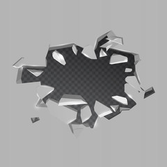 Realistic broken iron and hole on transparent background. Vector illustration. Isolated cracked effect.