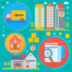 Vector Real estate design concept set with sale and rental market apartment search improvements flat icons infographics design, web elements, poster banners. Vector illustration.
