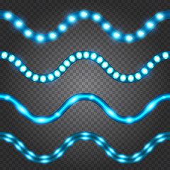 Set of realistic neon or led glowing light stripes on transparent background. Horizontal seamless objects.