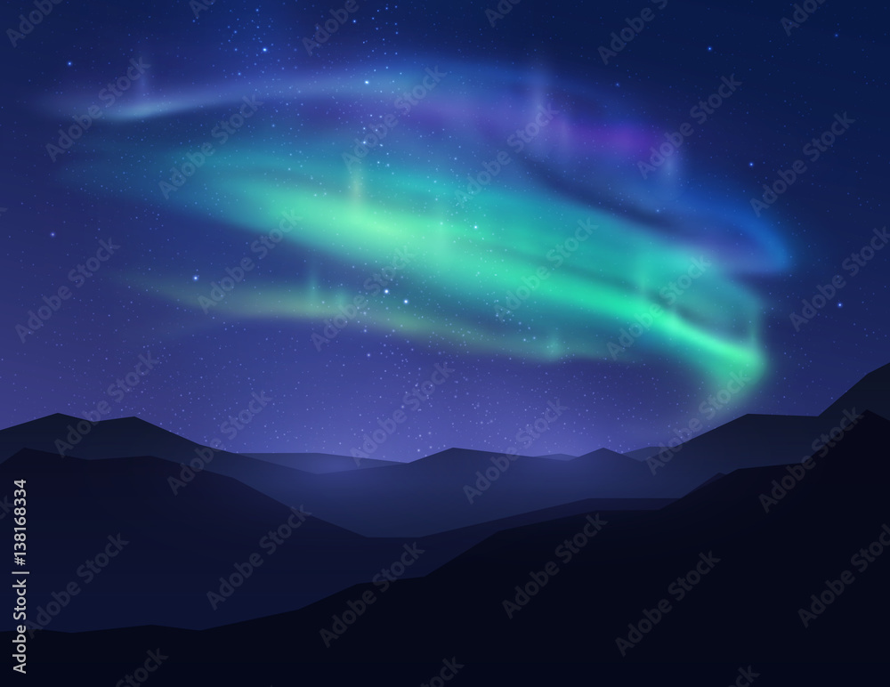 Wall mural beautiful northern lights in night sky over mountain. vector illustration.