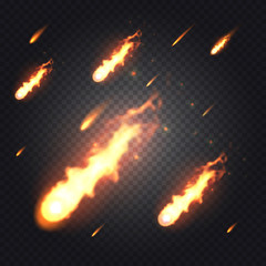 Bright realistic flying fireball, meteorite or comet with transparency isolated on checkered vector background. Special light effects for design and decoration. Fireball easy to use. © cgterminal